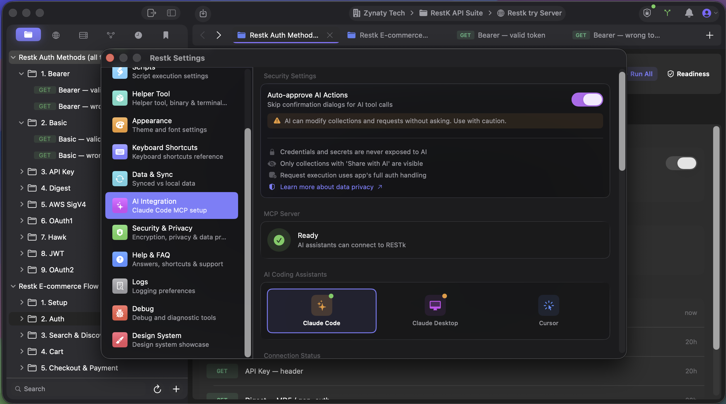 RESTK AI Integration settings — connect Claude Code, Claude Desktop, or Cursor