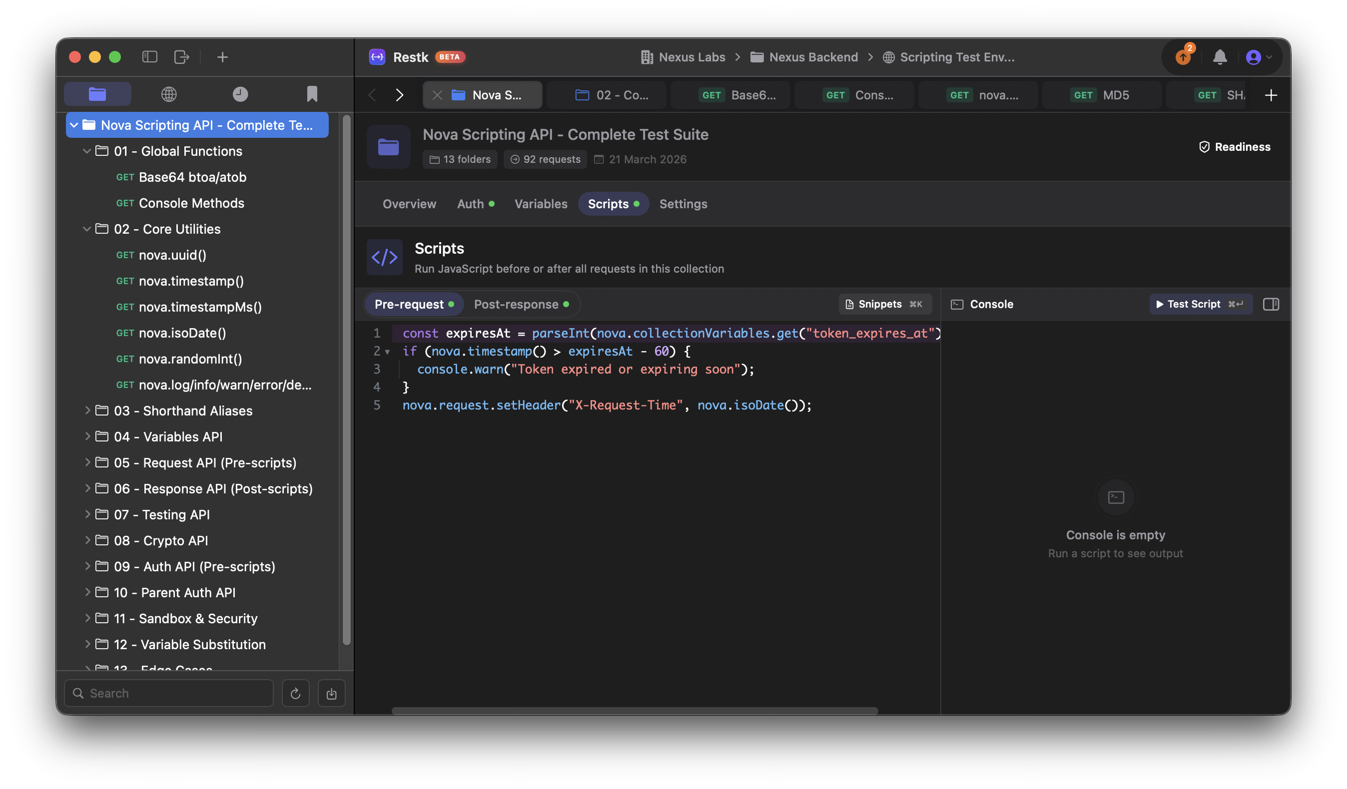 RESTK Nova scripting engine — pre-request scripts with syntax highlighting